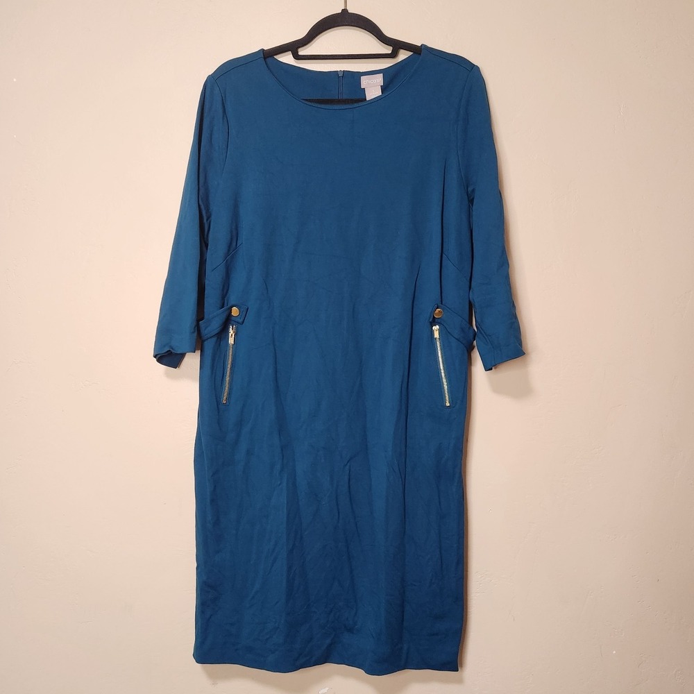 Chico's Size 3 Teal Shift Dress 3/4 Sleeve Knee Length Pockets